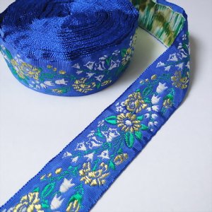 画像1: ロシア　刺繍リボン　3.2cm幅　ブルー　