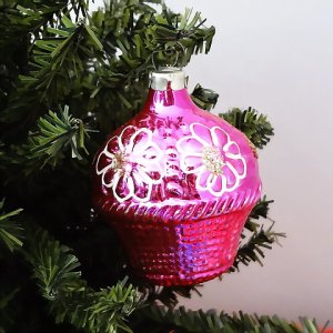 画像1: ロシア　ヴィンテージ　ガラスのクリスマスオーナメント　ピンクの花かご　B