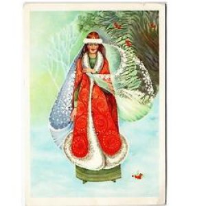 画像1: ヴィンテージポストカード　冬装束の女性　1990