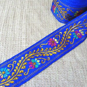画像: ロシア　刺繍リボン　4.3cm幅　紺パープルｘゴールドラメ　