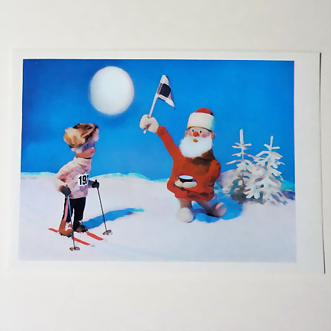 画像1: ヴィンテージカード　サンタさんと男の子　スキー　1975　【USED】