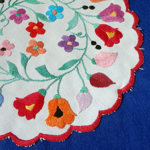 画像: ハンガリー　ヴィンテージ　刺繍ドイリー　まわる花たち　21.5cm