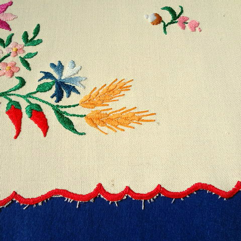 画像: ハンガリー　ヴィンテージ　刺繍ドイリー　お花とパプリカ　32.5cm