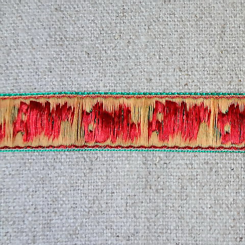 画像: ロシア　刺繍リボン　2.3cm幅　グリーンx赤い花　