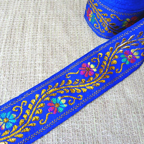 画像1: ロシア　刺繍リボン　4.3cm幅　紺パープルｘゴールドラメ　