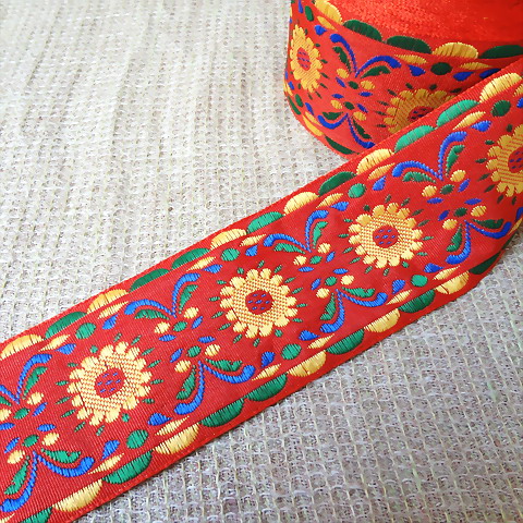 画像1: ロシア　刺繍リボン　5.2cm幅　オレンジ　お花柄