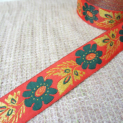画像1: ロシア　刺繍リボン　2.5cm幅　オレンジｘ緑のお花　